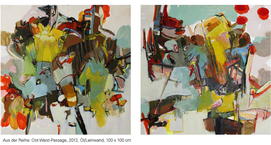 Bilder von Sara Rogenhofer aus der Reihe: Ost-West-Passage, 2012, Öl/Leinwand, 100 x 100 cm Bilder von Sara Rogenhofer aus der Reihe: Ost-West-Passage, 2012, Öl/Leinwand, 100 x 100 cm